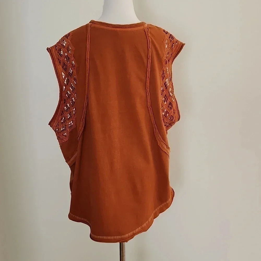 NWOT || FREE PEOPLE || Table For Two, tee, lace, raw hems, baggy fit, medium - Picture 5 of 6